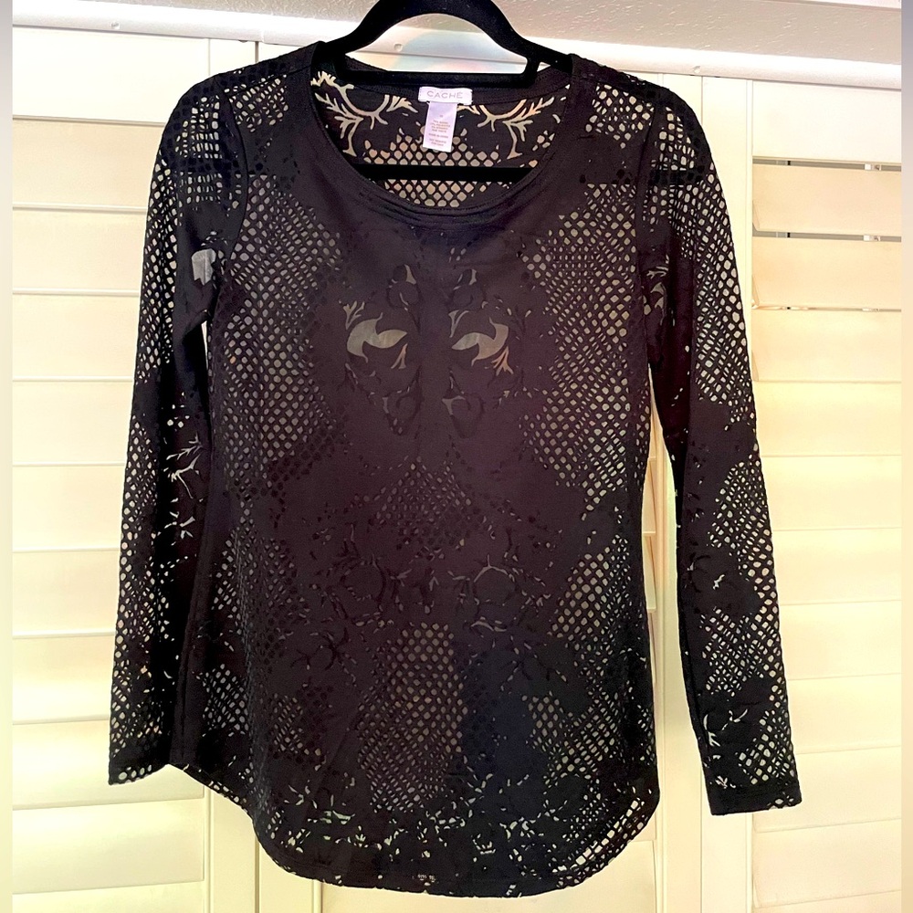 Cache Mesh Top Womens XS Sheer Lace Look Black Elegant Sexy Long Sleeve Designer